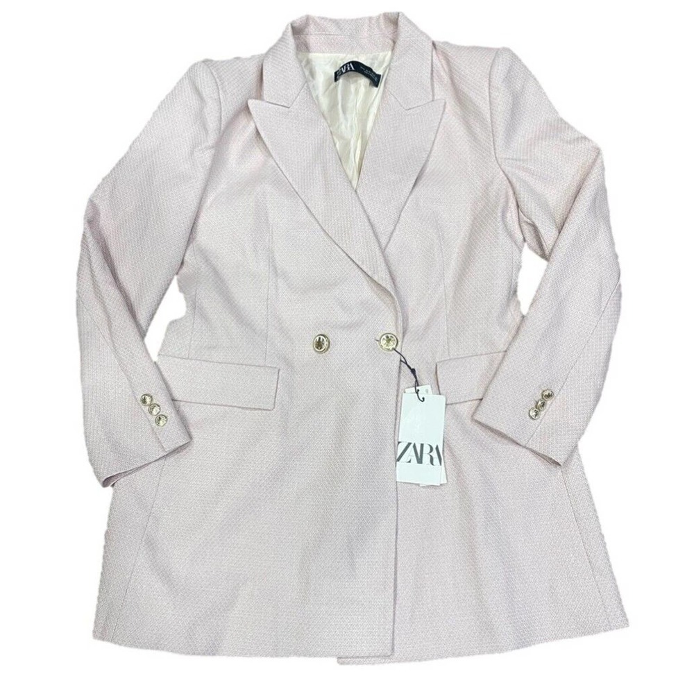 ZARA Blazer Oyster White Light Pink Relaxed Fit Double Breasted Jacket NWT